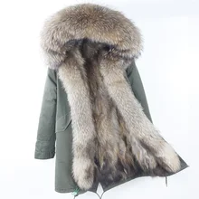 Army Green Jacket Thick Parkas Real Raccoon Fur Collar Hooded Fox Fur Lining Outwear British Style