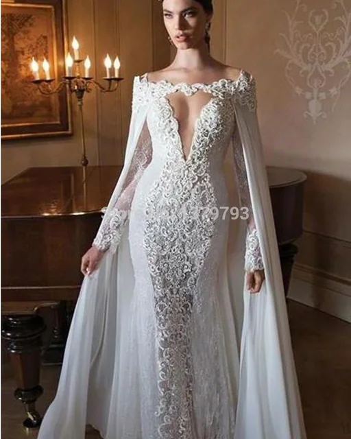 High Fashion Mermaid Lace Women Bride Gowns With Detachable Cape And High Fashion Mermaid Lace Women Bride Gowns With Detachable Cape And Sheer Long Sleeves V