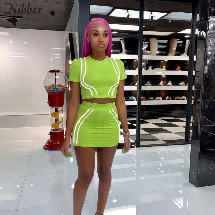 

Nibber 2019 hot Reflective strip crop tops skirts 2two pieces sets womens party Shining basic Active mujer casual Jogging suits