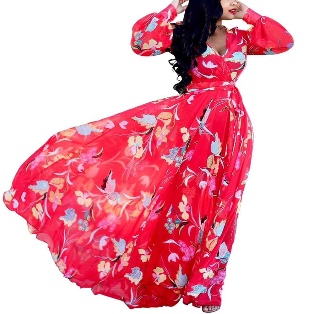 

Women Sexy Deep V-neck Long Sleeve Floral Print Chiffon Dress Elegant Vintage Casual Loose Maxi Red Dress Summer Party Vestidos