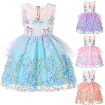 

Unicorn Dress Tulle Tutu Girl Dress Rainbow Princess Dresses Children Birthday Party Floral Costumes Carnival Dress Girl Clothes