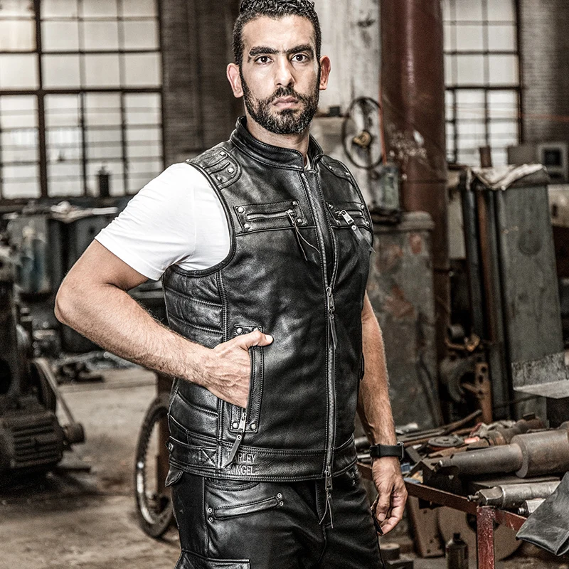 50% OFF For super Motor rider Mens high quality cow leather vest genuine cowhide leather motorcycle rider vest HA-97181