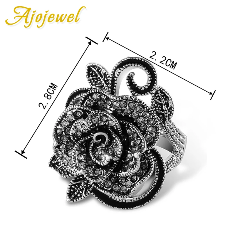 Black Rose Flower Big Vintage Rings For Women Unique Retro Crystal Rhinestone Jewelry finger ring jewelry accessories