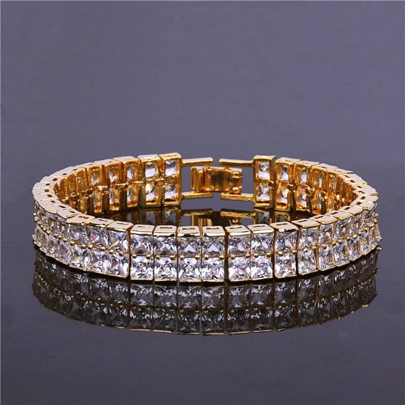 

LuReen 2 Row Iced Out Tennis Chian Bracelet Men Copper Hip Hop Square Zircon Bracelet Male Gold Silver Color Jewelry Party B0003