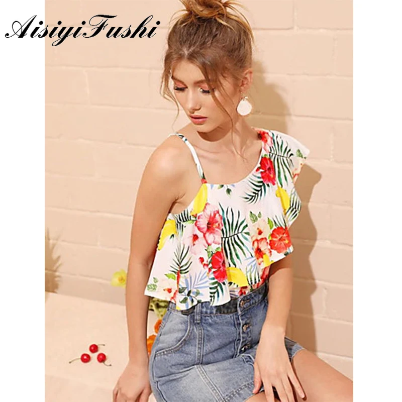 

AISIYIFUSHI Summer Womens Tops and Blouses Floral Print Chiffon Blouses Off Shoulder Tops for Women Clothes 2019 Ruffle Blouses