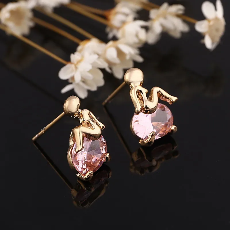 Cute Girl Shape Stud Earrings CZ Crystal Stud Earrings Gold color