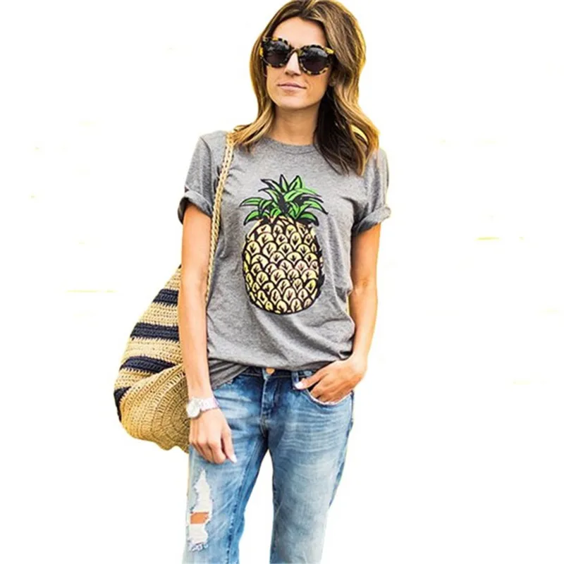 2018 New Fashion Pineapple Printed Gray Women T shirt