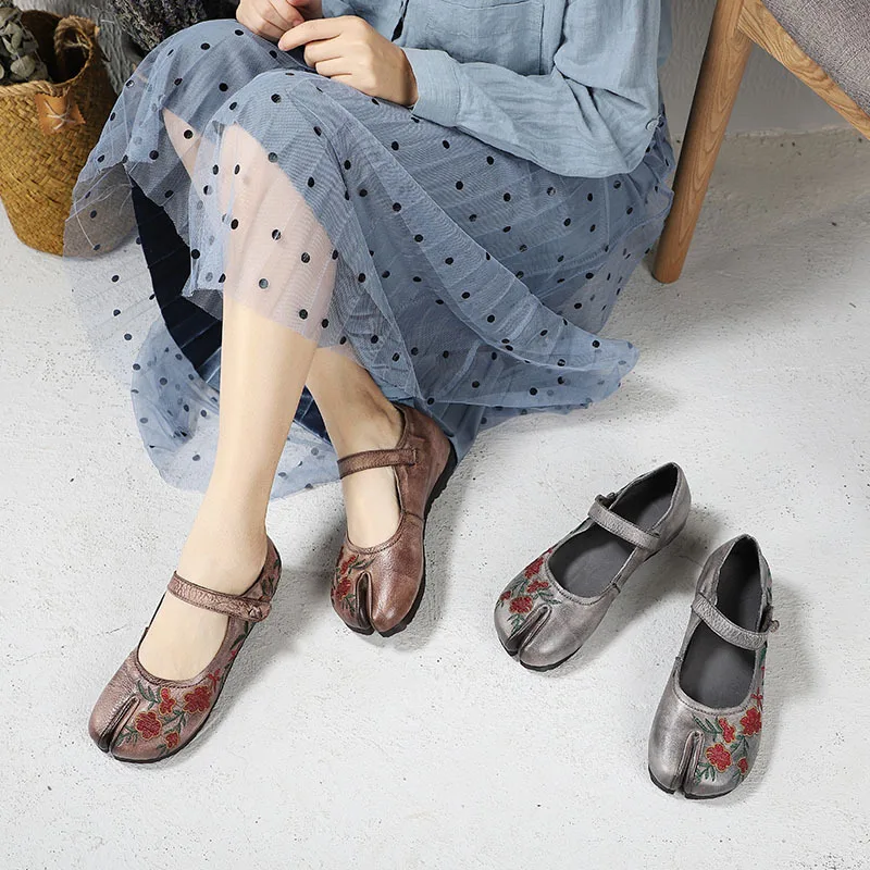 D'origine Cuir gray Bout Main Semelle Chaussures Artdiya écrêtage Femmes Broder À Plate Appartements Folk Véritable Mère Doux La En Style Nouveau Coffee XiTuwOkPZl