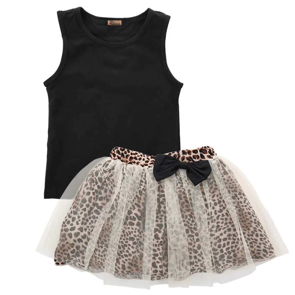 

2017 Summer Kids Baby Girl clothes set Sleeveless Tops t-shirt + leopard bow-knot Tulle tutu dress 2Pcs Outfits sets