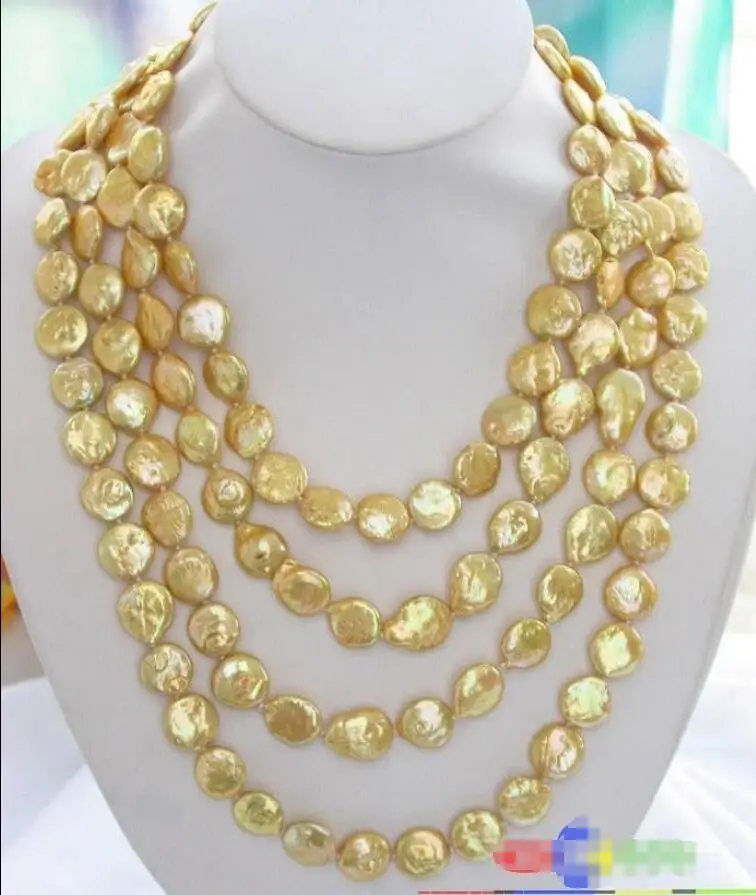 

Hot sale new Style >>>>> p2374 95" 15MM GOLDEN COIN FRESHWATER CULTURED PEARL NECKLACE
