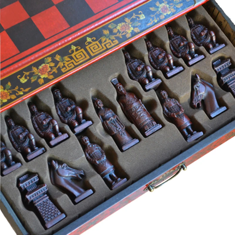 Chinese Retro Terracotta Warriors Chess Vintage Carving Resin Chessman Christmas Birthday Premium Gift Quality Wood Material