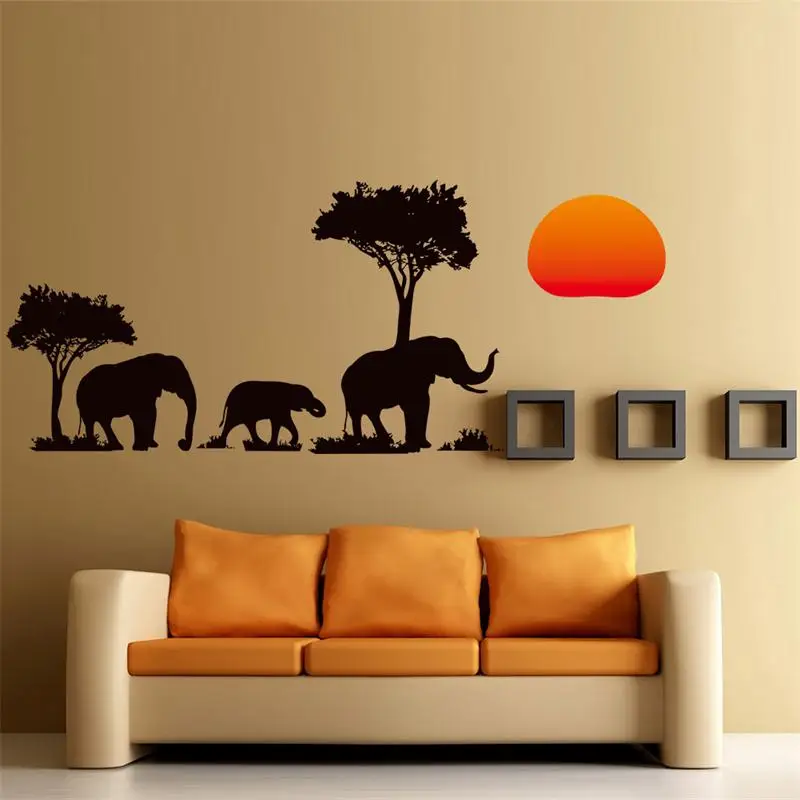 beautiful animals Elephants Family Tree Forest Sun creative home decal