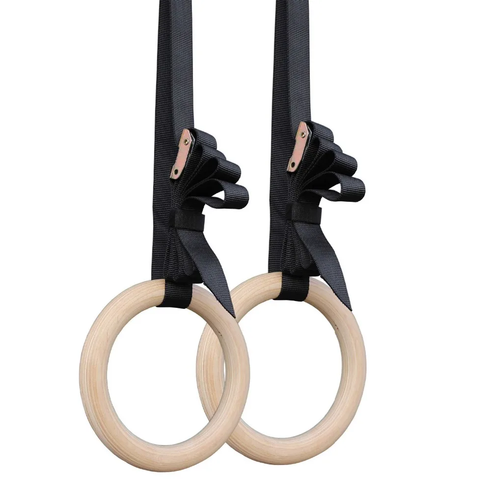 Wellsem Wood Gymnastic Rings Gym Rings with Adjustable Long Buckles