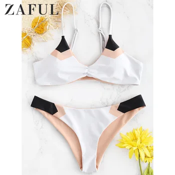 

ZAFUL Color Block Bralette Bikini Set Spaghetti Straps Bikini Padded Swimsuit Patchwork Swimwear Women Sexy Low Waist Biquini