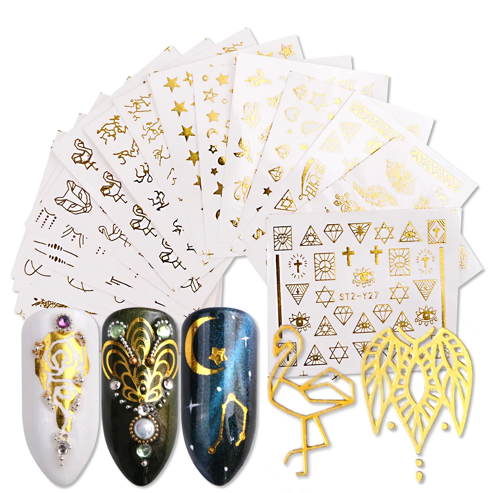 20pcs Water Decals Gold Stickers Nails Galaxy Stars Flower Vine Geometry Animal Tiger Flamingo Watermark Adhesive Sliders BEYY20