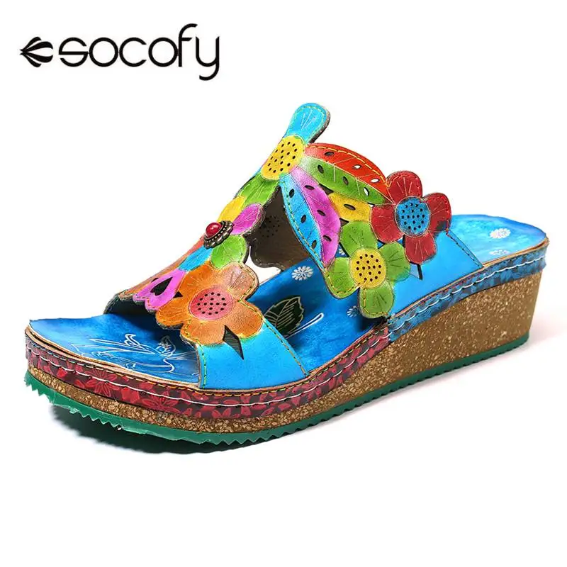 

SOCOFY Hand Painted Sandals Flowers Pattern Genuine Leather Retro Gems Stitching Comfortable Slip On Sandals Women Shoes Summer