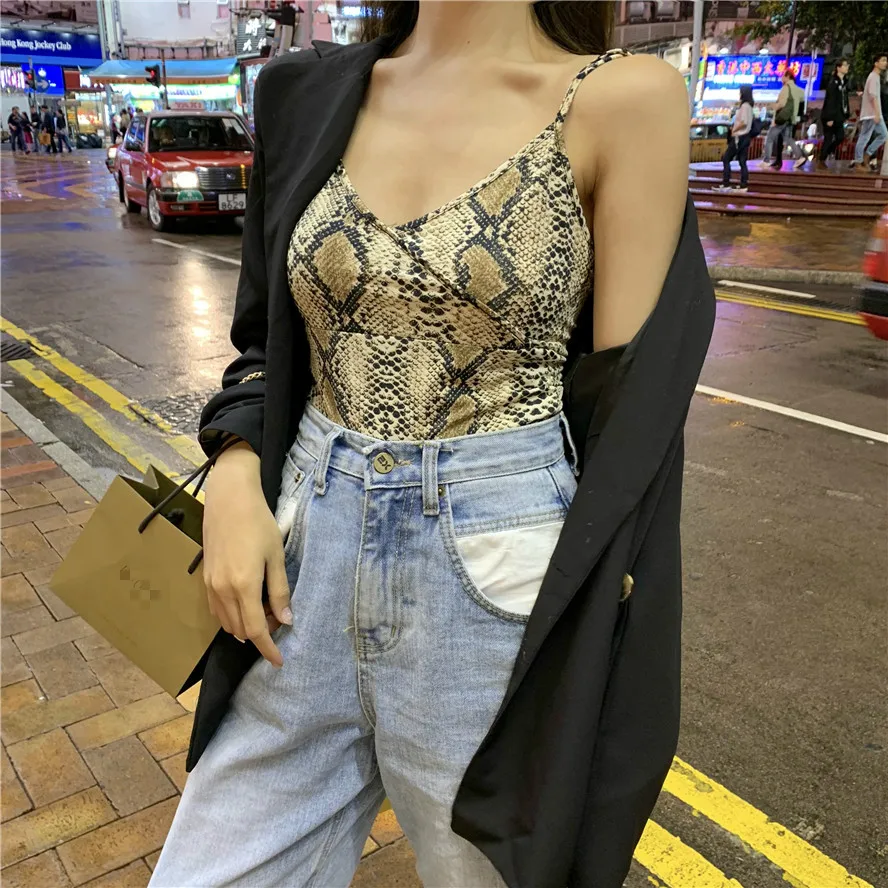 Women's Clothing Tops Tees Tanks Camis snake print spaghetti strap top summer korean new sexy women spaghetti strap Low-cut