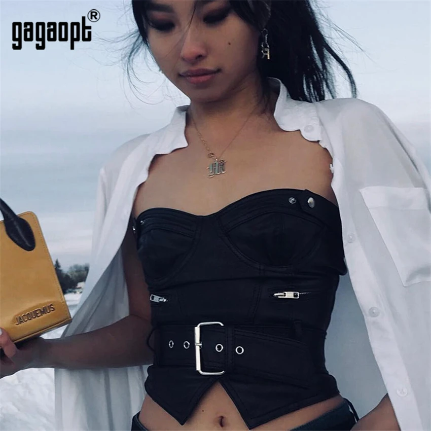 Gagaopt, летние женские Топы Harajuku, короткий топ, модный, с открытыми плечами, кожаный сексуальный топ с поясом, вечерние, для клуба, уличная одежда, Blusas