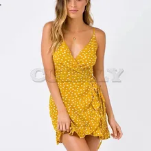 Cuerly Strap polka dot print short ruffle dress women Summer elegant chiffon boho beach dress Casual daily female sundress L5 ruffle strap dot print bodysuit