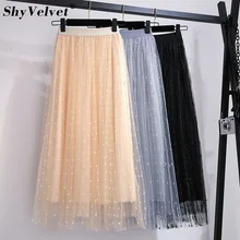 Новинка весны, трапециевидные сетчатые длинные плиссированные юбки, расшитые бисером, Женская фатиновая юбка, серая, черная, бежевая, для принцессы, милые, Saias, для женщин