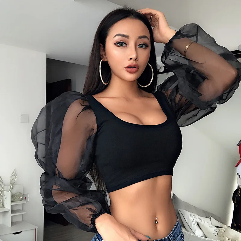 

2019 Spring Mesh Stitching Long-sleeved Vest Women Europe Hot New U-neck Exposed Umbilical Rubber Sleeves Shirt