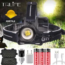 Мощный светодиодный налобный фонарь с XHP70.2, налобный фонарь для рыбалки, 3 режима освещения, водонепроницаемый телескопический зум, лампа для кемпинга