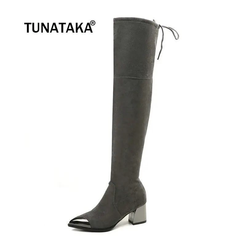 Women Suede Slip On Comfortable Square Heel Over The Knee Boots Fashion Pointed Toe Thigh Elastic Boots Black Gray Women Suede Slip On Comfortable Square Heel Over The Knee Boots Fashion Pointed Toe Thigh Elastic Boots Black Gray