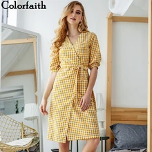 Colorfaith New Women Dresses Spring Summer V-Neck Plaid Dresses Asymmetric Linen Casual Ladies Patchwork Lace Up Bow DR122