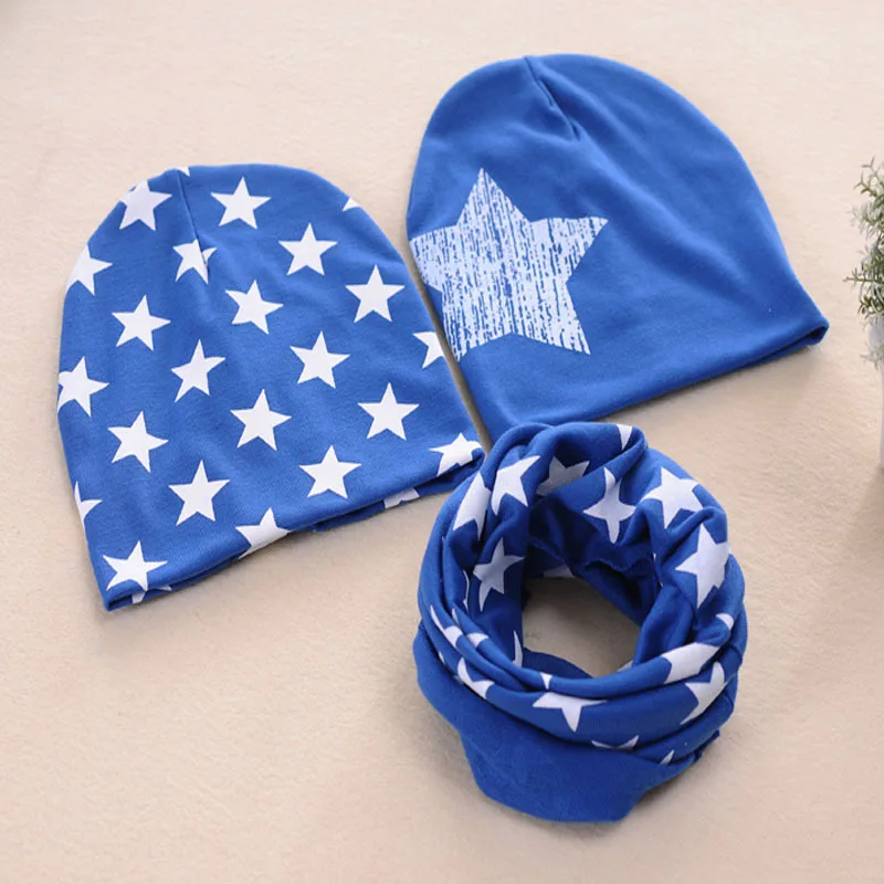 3Pcs/Set Cotton Baby Hat Scarf Autumn Winter Star Prints Children Scarf-Collar Beanie Baby Boy Girl Warm Cap Scarves - Color: dark blue