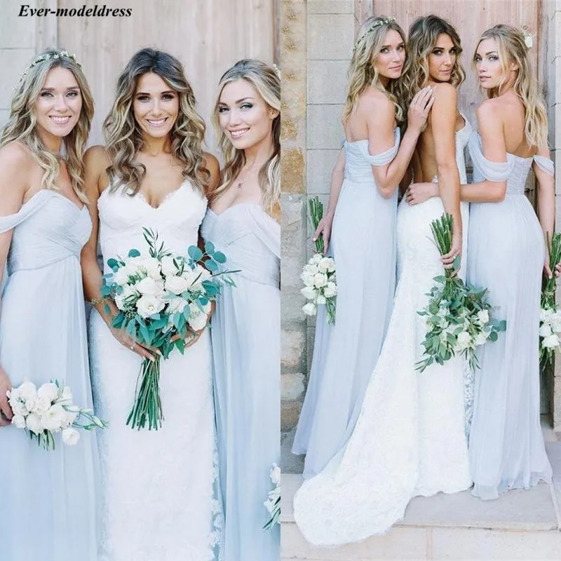 Dusty Blue Bohemian Bridesmaid Dresses 2020 Off The Shoulder Country Wedding Guest Dresses Cheap Maid Of Honor Gowns Cheap