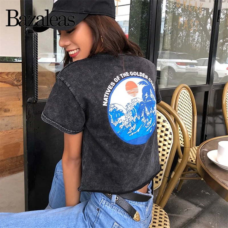 

2019 Black Crop Top Cropped Tee Denim harajuku T-shirt Cotton Rippid Tee Short Sleeve Round Print