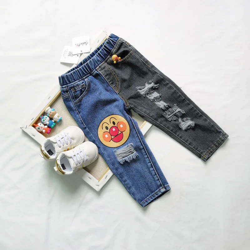 

ANKRT 19 Summer New Bread Superman Children's Jeans Blue and Black Stitching Jeans Printed Cotton Pants.12M-6T