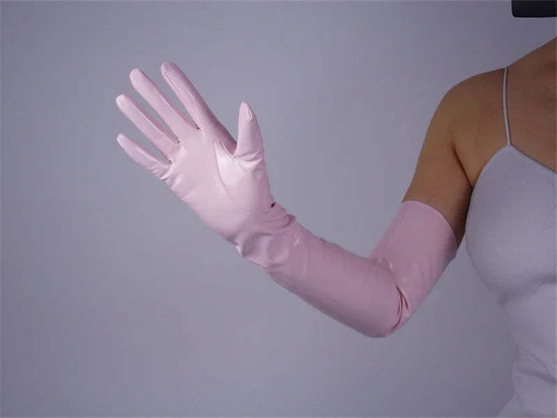 Короткие рукавицы из лакированной кожи, 28 см, длинные, имитация кожи, зеркало, яркая кожа, вишневый порошок, светло-розовый абзац QPFH28
