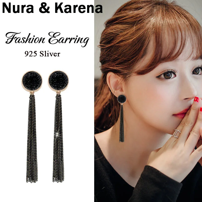

New Fashion Golden Plated Dangle Earrings Black Rhinestone Long Drop Earrings For Women Boho Tassel Earing Jewelry wholesale