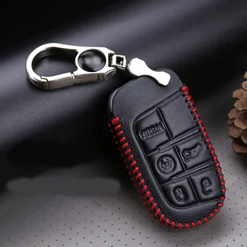 

5 Button Genuine PU Leather Remote Key Bag Case Fob Holder Chain For Jeep