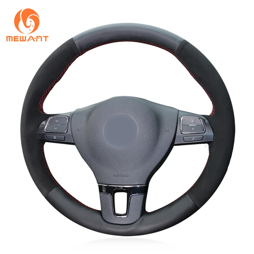 MEWANT Black Leather Black Suede Car Steering Wheel Cover for