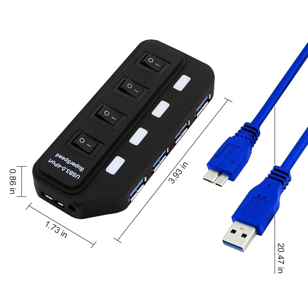 4 Порты и разъёмы usb-хаб супер Скорость USB 3,0 концентратор светодиодный индивидуальные вкл/выкл кнопка USB Дата-кабель EU/US/UK/штепсельная вилка австралийского стандарта Мощность адаптер для ноутбука