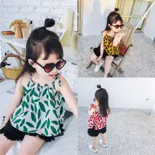 

Summer Girls Clothes girl summer mini print leaf dress girl Princess sling/vest dress wholesale