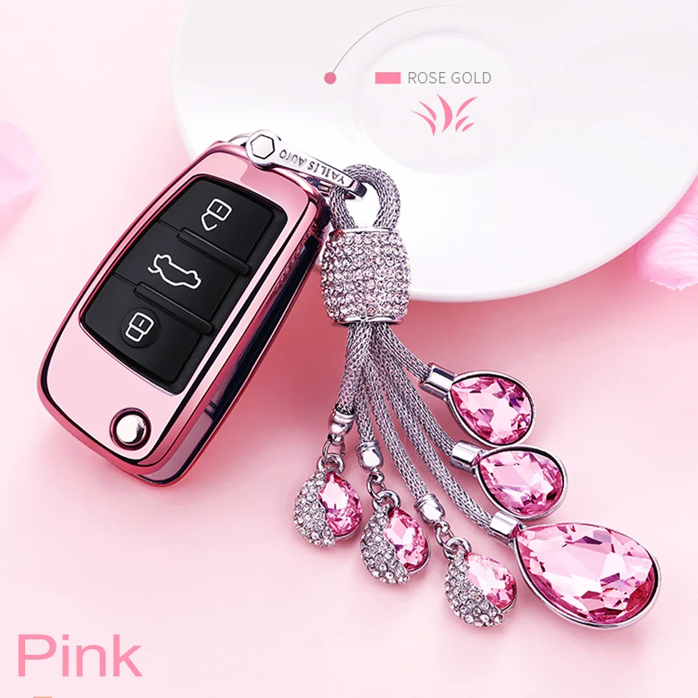 Glossy Metallic Soft TPU 360 Full Protection Key Fob Shell Case Cover Fit for 3Buttons Audi A4L A6L Q5 A5 A7 A8 S5 S7 Keyless Entry Rose Gold Pink
