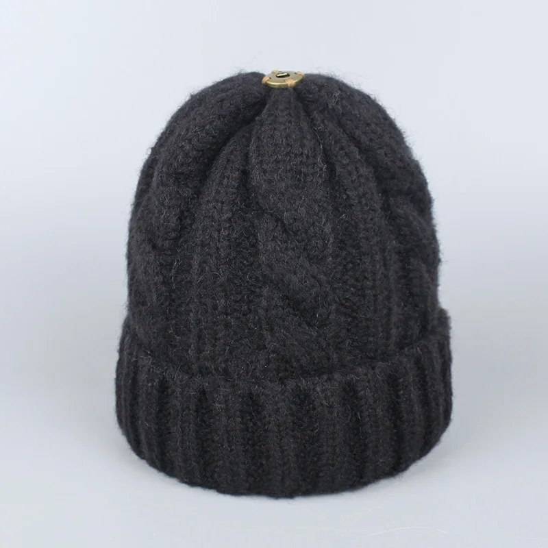Зимние вязаные шапки Skullies, Лыжные шапки, теплая шапка для мальчиков и девочек, детей, взрослых женщин, брендовая шапка с помпоном из натурального меха енота - Цвет: Hat Black