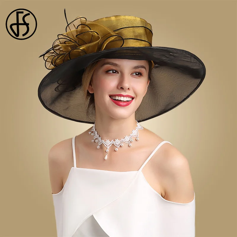 

FS Ladies Sun Hat Black Gray Gold Kentucky Derby Hats For Women Wedding Hat Wide Brim Fedora Church Hats