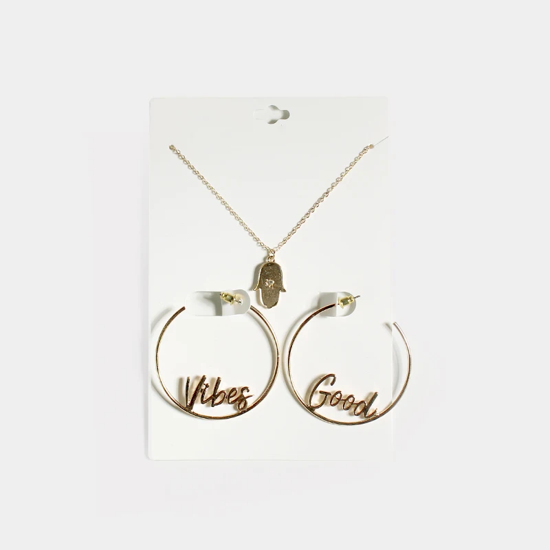 

Letter YEAH NAH Vibes Good Babe Hoop Earrings Crystal Hamsa Whatever Rose Pendant Choker Necklace Fashion Jewelry Set for Women