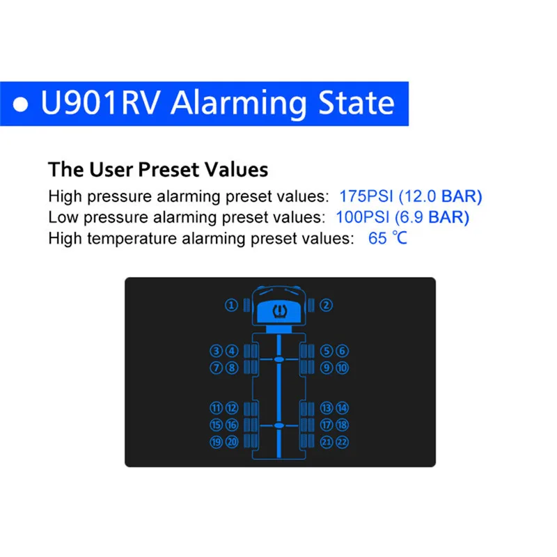 U901RV Универсальная автомобильная беспроводная система контроля давления в шинах с 14 шт. внешним датчиком цветной ЖК-дисплей для грузовика микроавтобуса