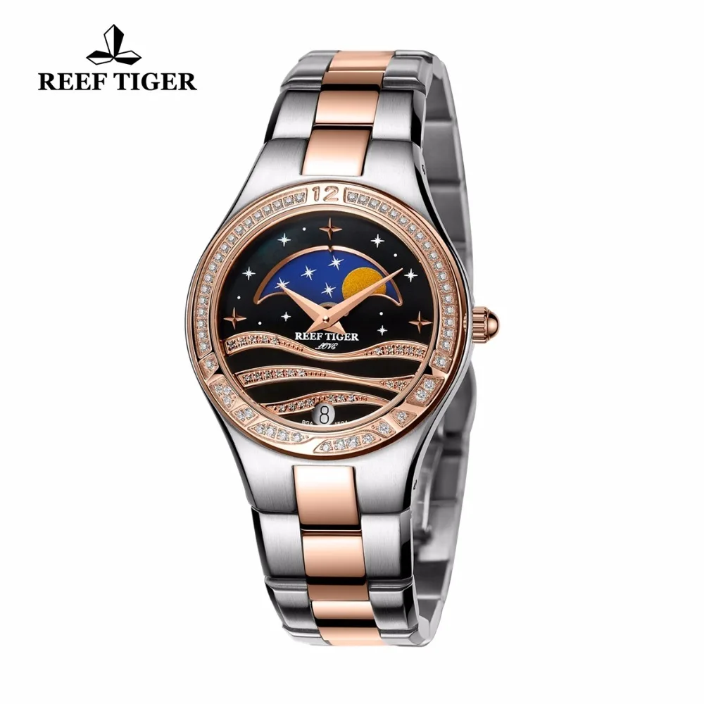Риф Тигр/RT роскошные женские часы с черным циферблатом розовое золото двухцветные часы Moon Phase Дата наручные часы RGA1524