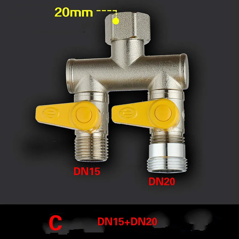 2 способ распределения водяной коллектор латунь делитель воды/запорный клапан стиральная машина кран разветвитель клапаны DN15 DN20 адаптер