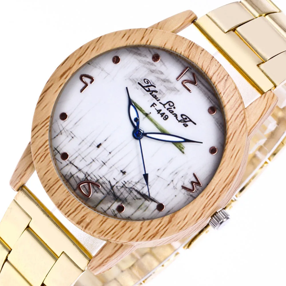 Fashion Digital Scale Imitation Wood Grain Alloy Dial 20mm Gold Stainless Steel Strap Men font b