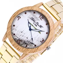 Fashion Digital Scale Imitation Wood Grain Alloy Dial 20mm Gold Stainless Steel Strap Men font b