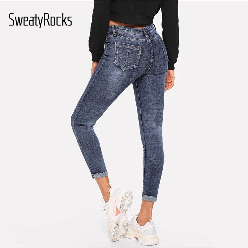 SweatyRocks Твердые Разорванные манжеты обтягивающие джинсы Уличная Молния Fly синие женские джинсы модные весенние повседневные брюки и брюки