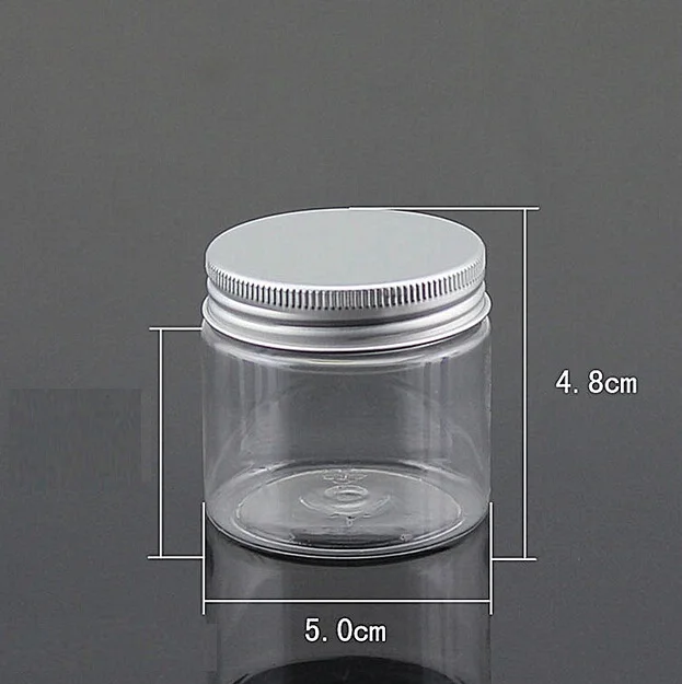 

100pcs Wholesale plastic jar with aluminum lid blue/clear empty bottle Screw Cosmetic Containers 50ml Bead Cream Powder Jar