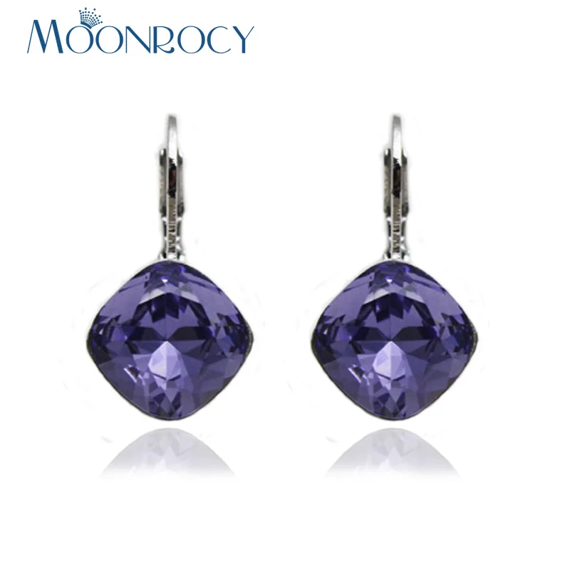 

MOONROCY Free Shipping Silver Color Fashion Jewelry Square Purple Blue Red Grey Austria Crystal Earrings For Women Jewelry Gift